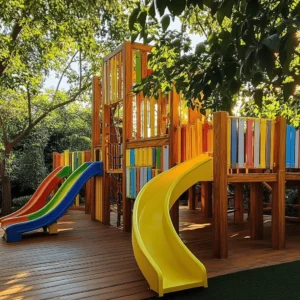 Los parques infantiles de madera son un gran lugar para jugar. La madera es fuerte y segura. Esto asegura que los niños puedan jugar sin preocupaciones. La mayoría de los parques de madera cumplen con las normas de seguridad. Esto significa que tienen un diseño que protege a los niños de accidentes.